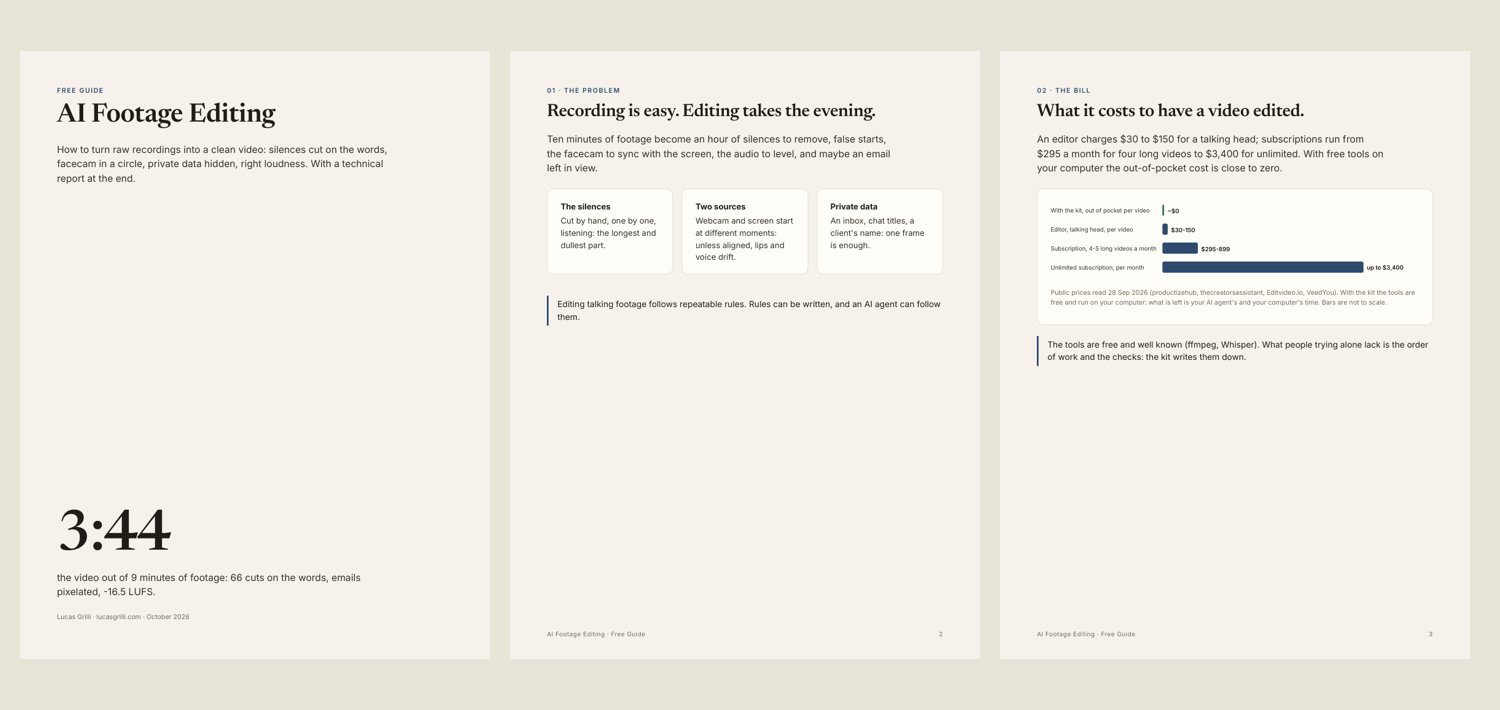 The first three pages of the free AI Footage Editing guide: cover with 3:44, the problem, the bill.