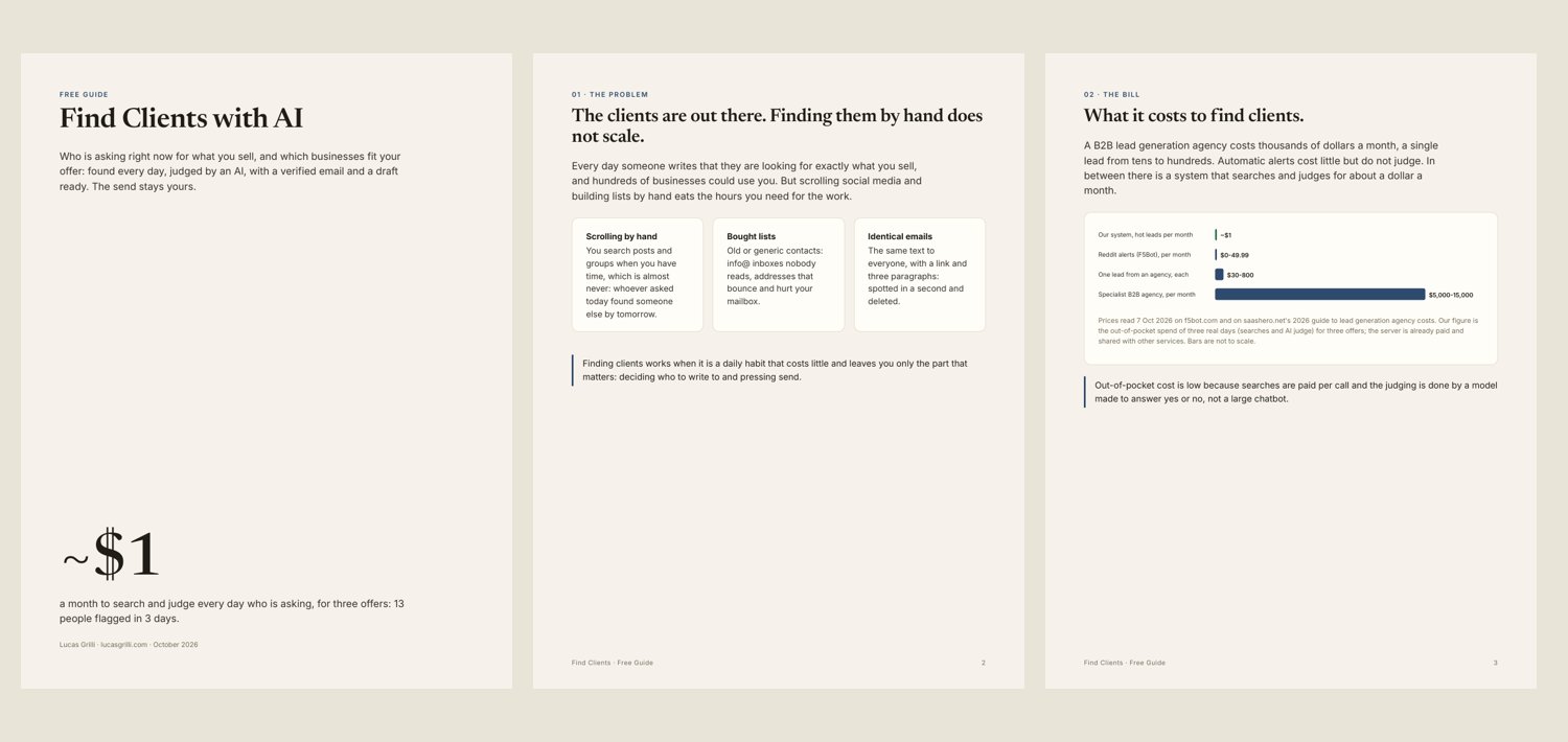 The first three pages of the free Find Clients with AI guide: cover with about 1 dollar a month, the problem, the bill.