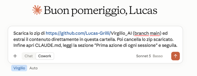 Il prompt di installazione incollato nell'assistente, un attimo prima di inviarlo